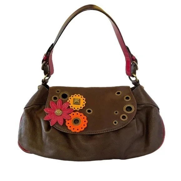 Moschino Cheap and Chic Brown Leather Studded Flower Hobo Handbag Purse - Picture 2 of 11